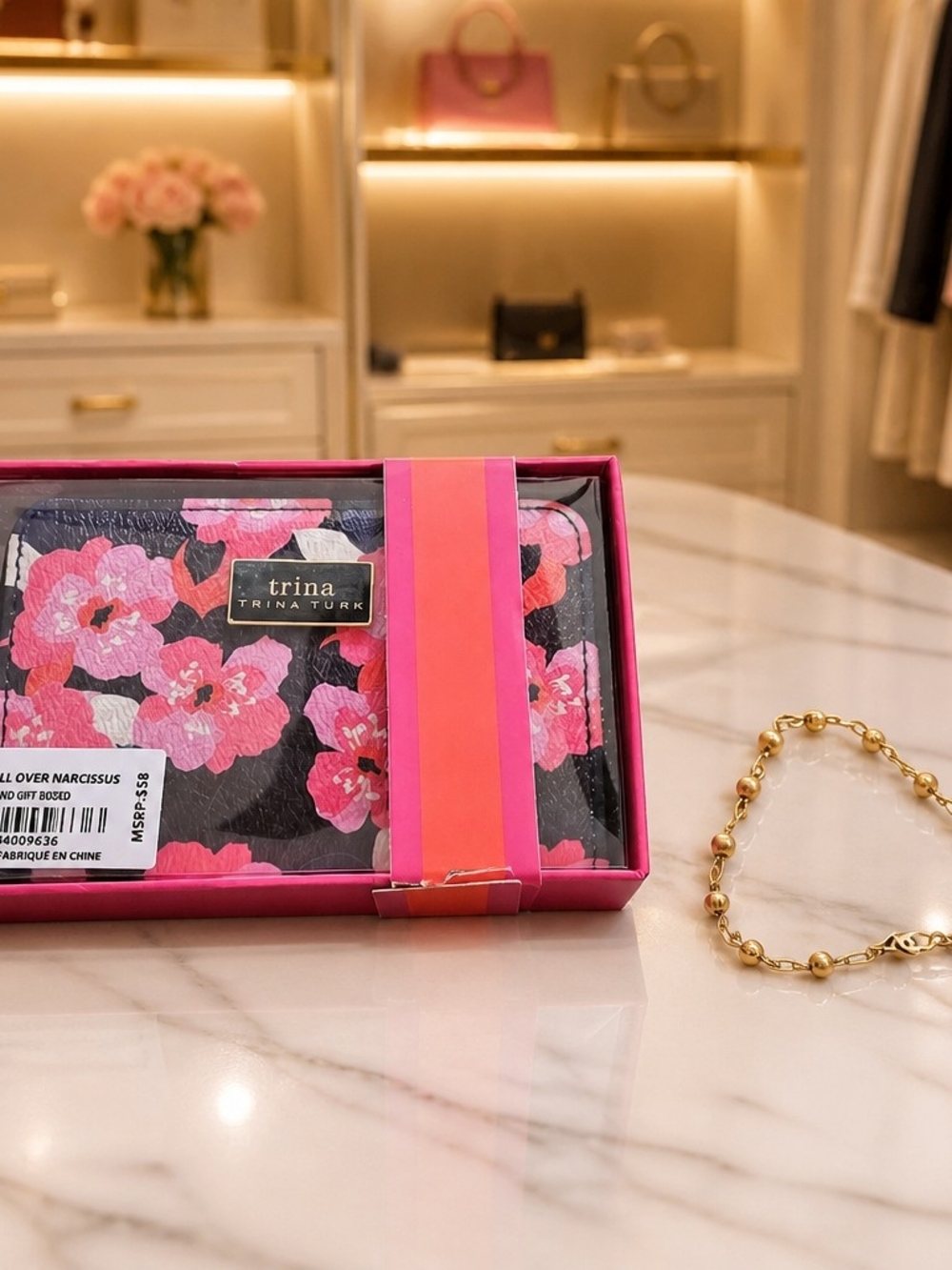 Trina Turk All Over Narcissus Zip Around  Wallet & Monet Vintage Bracelet